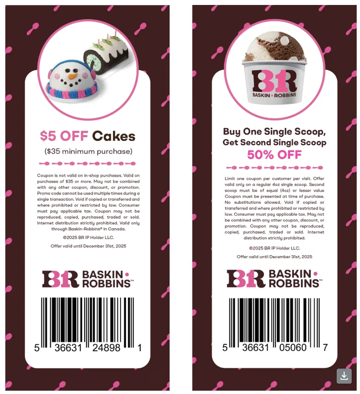 Baskin Robbins Canada New Coupons: BOGO 50% Off Scoops + $5 off Cake