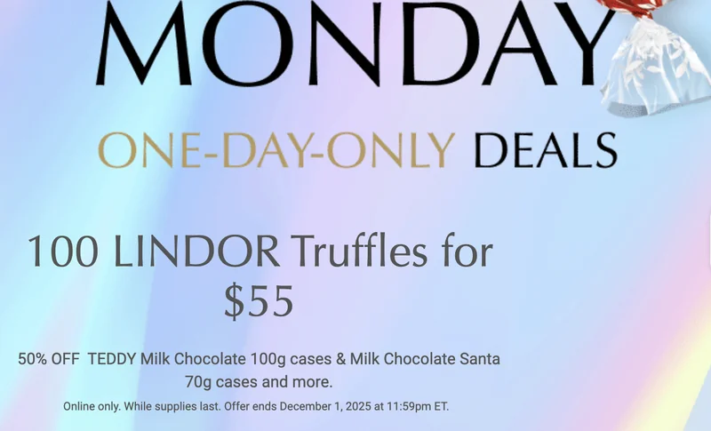 Lindt Chocolate Canada Cyber Monday Deals Sale 2025: Save 50% Off + 100 Chocolate Truffles for $55 + More
