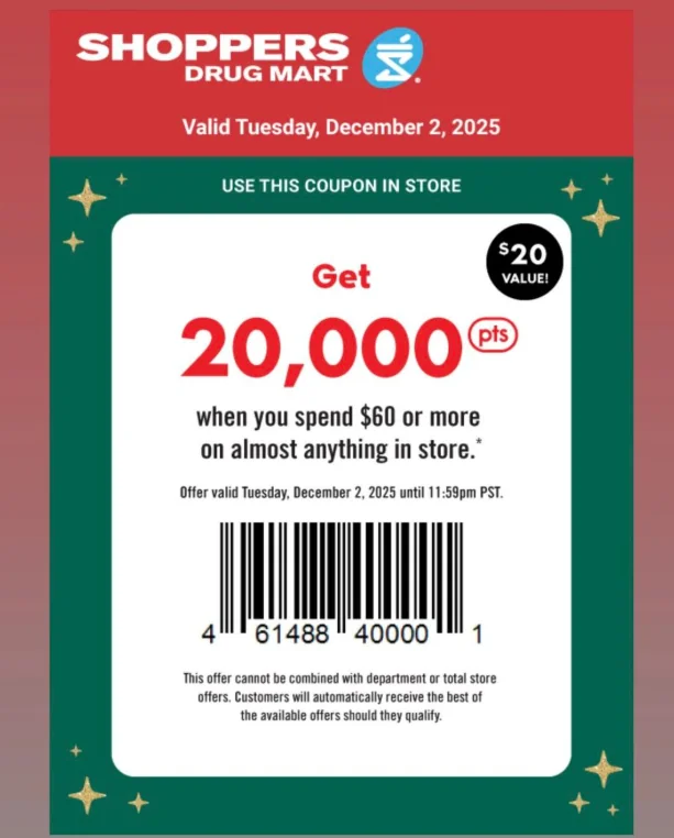 Shoppers Drug Mart Canada Tuesday Text Offer: Get 20,000 PC Optimum Points When You Spend $60